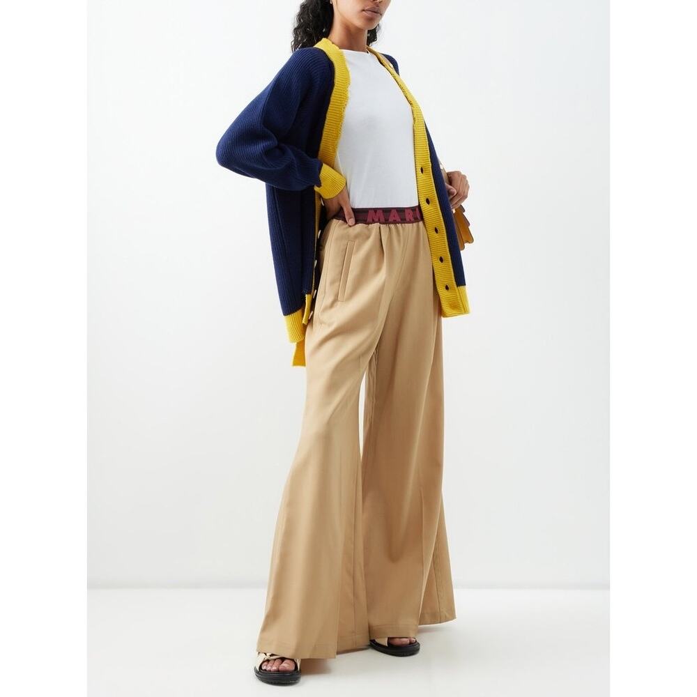 MARNI 100% Virgin Wool Wide Leg Flare Logo Trousers